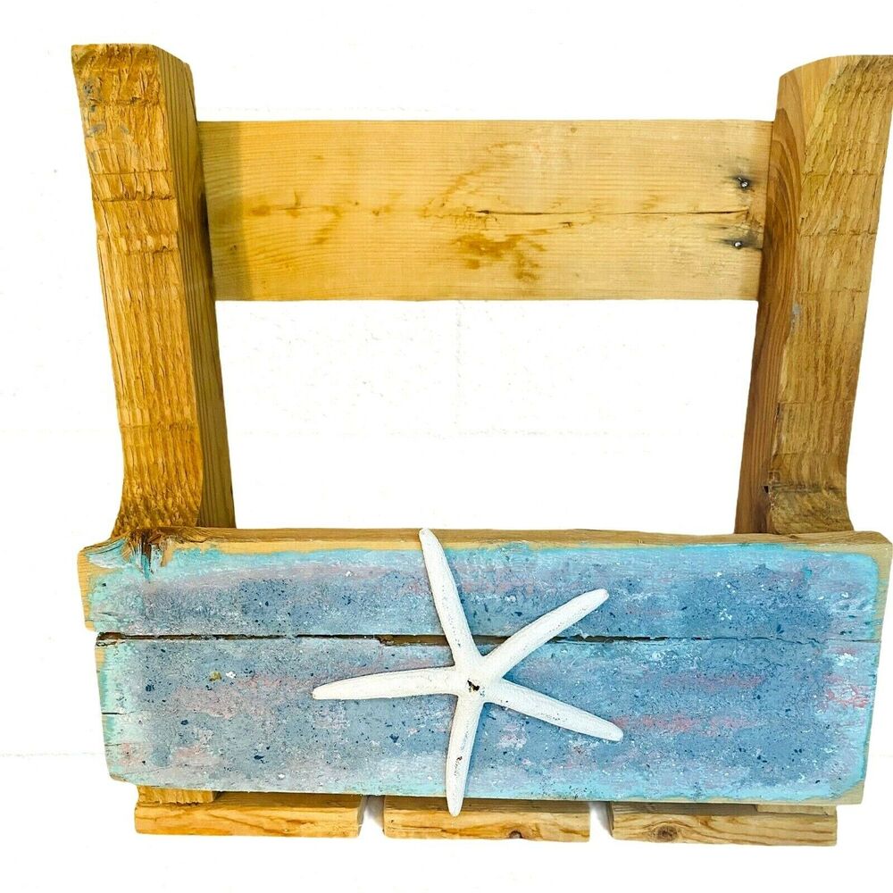 STARFISH Hand Painted Rustic BEACH Planter Box Reclaimed Wood Stand Shelf Bin